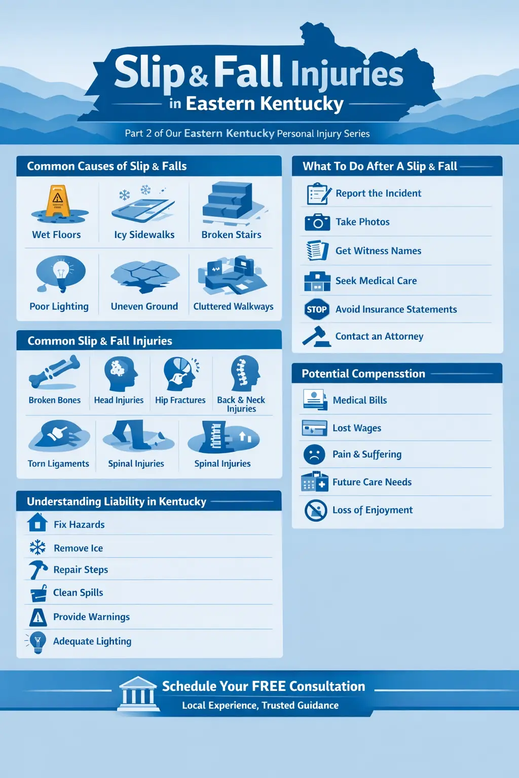 Slip and fall injury infographic in Eastern Kentucky blue theme